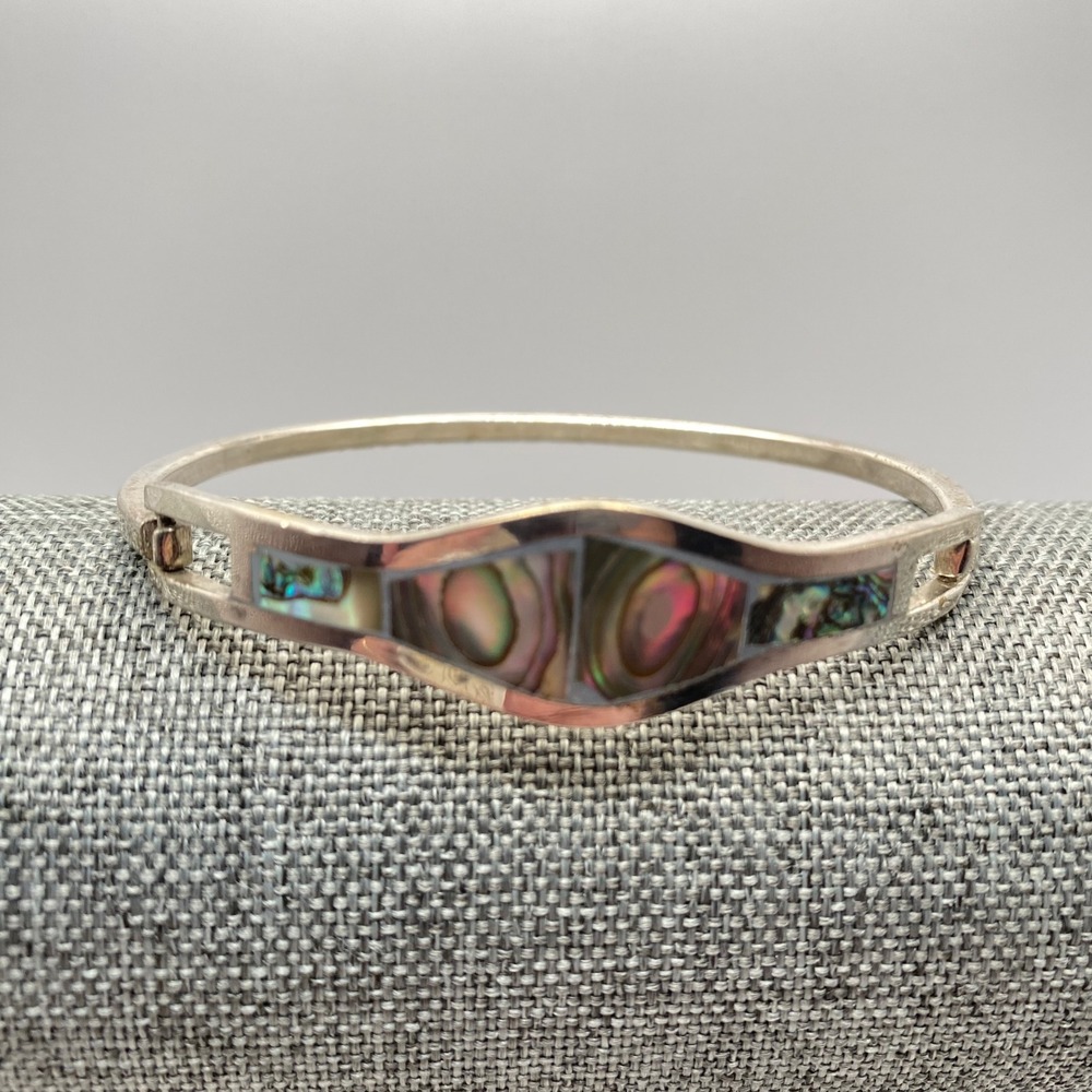 Taxco Vintage Bangle Bracelet Alpaca Silver Inlay Abalone Shell Iridescent Boho
